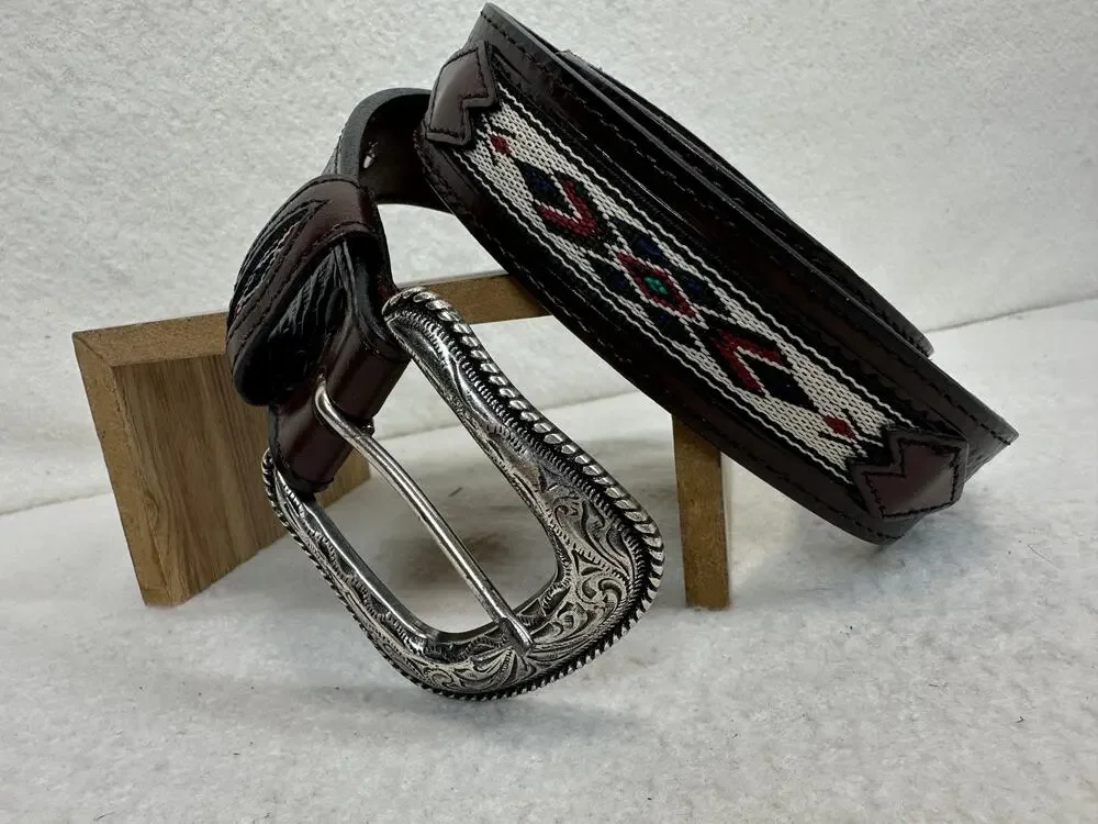Western Brown Leather Belt Tooled Basketweave Embroidered Keeps & Conchos SZ 42